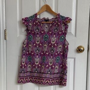 Talbots purple, aqua and cream top with ruffles neck and shoulders
